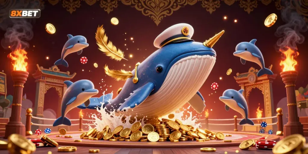 Engage with thrilling 8XBET gaming adventures featuring a colorful whale, narwhal, and dolphins amidst a sea of coins.
