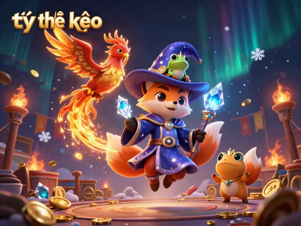 Engaging illustration showcasing tỷ lệ kèo, wizard fox, and phoenix in sports betting ambiance, immersive design.