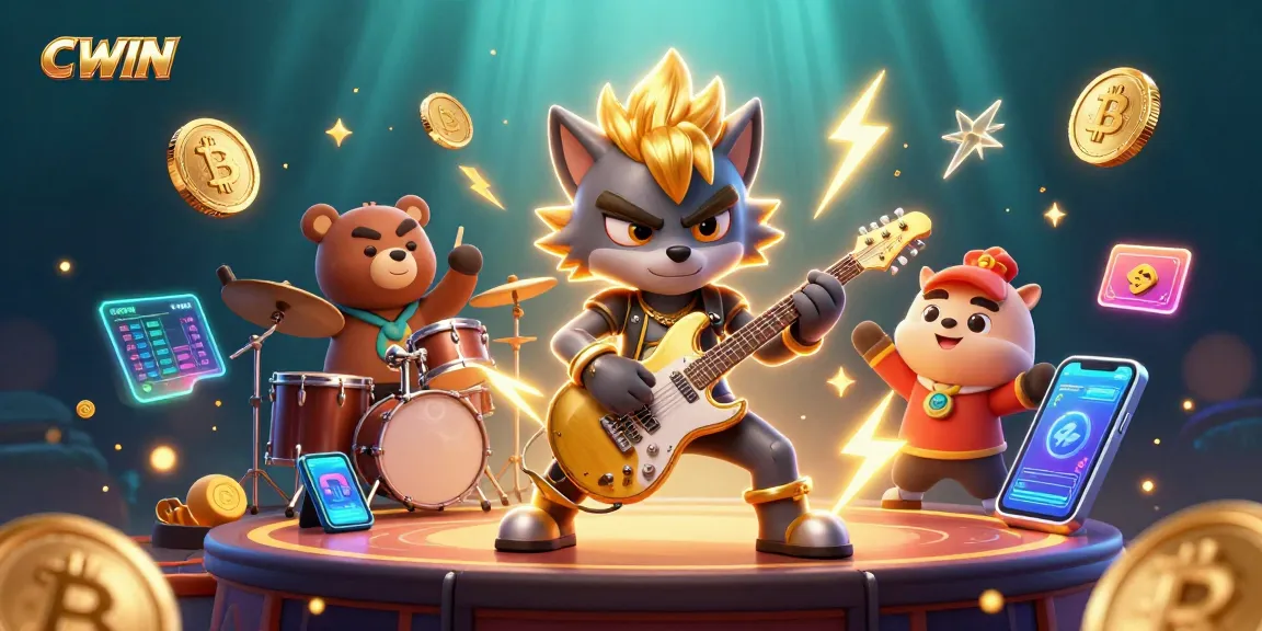 Join the excitement with CWIN in vibrant casino-themed adventure featuring rock star characters and crypto elements.