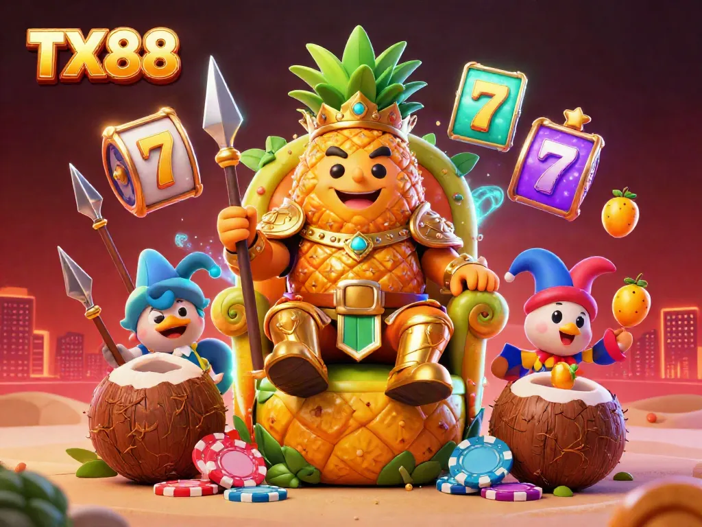Experience the vibrant energy of TX88 casino with a golden pineapple king and lively characters in a rich 3D illustration.