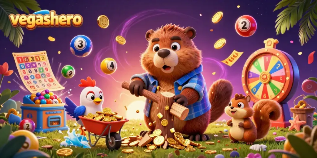 Spin and win at vegashero with a vibrant 3D illustration of a beaver collecting golden coins!