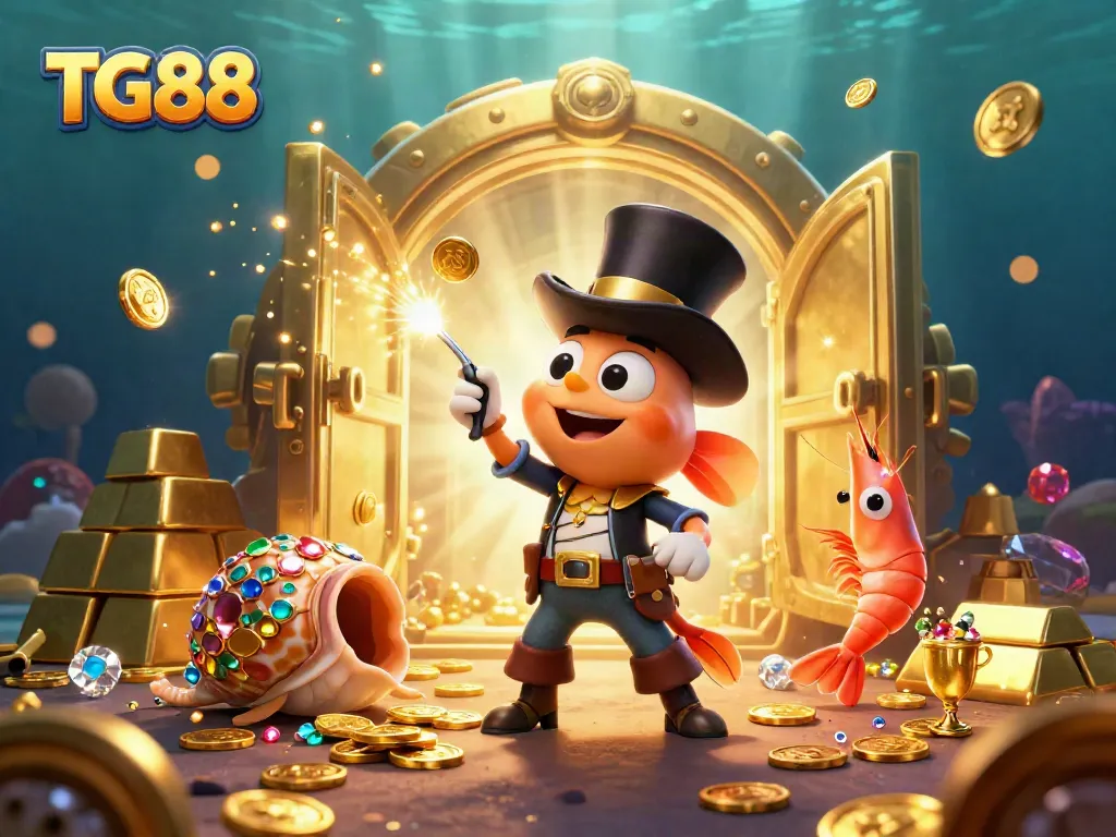 Engage with TG88's interactive casino experience featuring vibrant underwater characters and jewels.