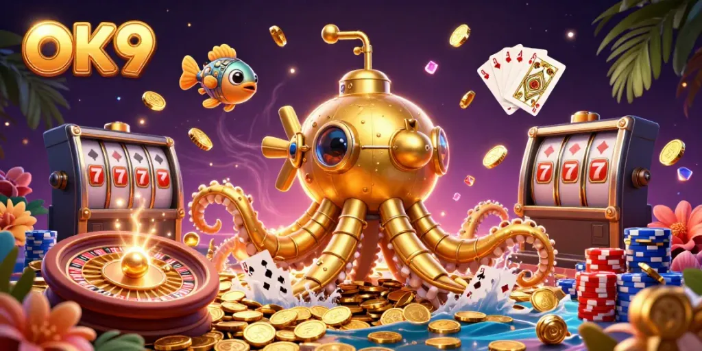 Experience thrilling gaming at OK9 with a golden kraken submarine amidst sparkling coins and roulette wheels.