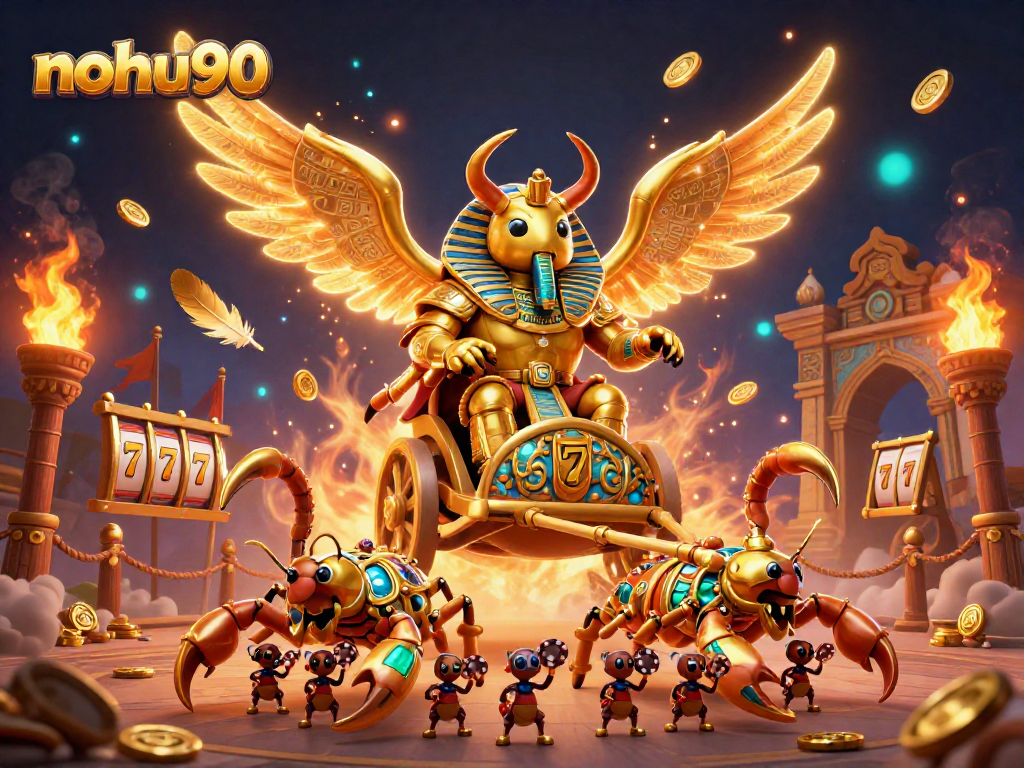 Join the excitement of nohu90 with a golden scarab beetle in a vibrant gambling arena filled with slot reels.