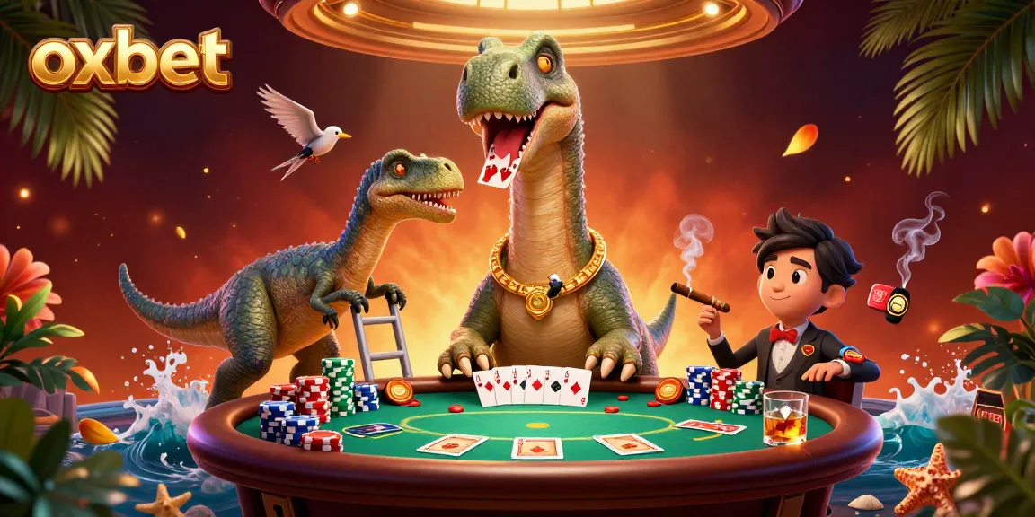 Experience exciting poker action at Oxbet with a towering brontosaurus dealer and dynamic gameplay elements.