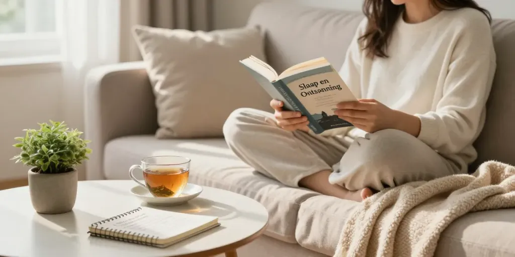 Een persoon ontspant op de bank met boek over temazepam kopen en een kopje kruiden thee.