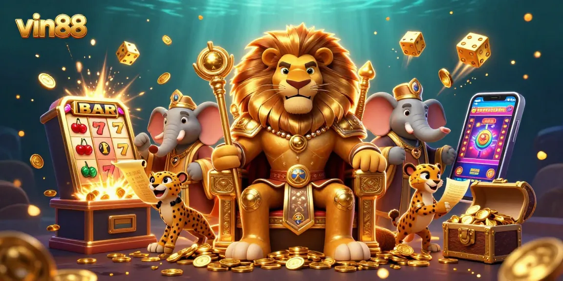 Experience excitement at vin88 with a lion king and casino characters amidst a jackpot explosion.