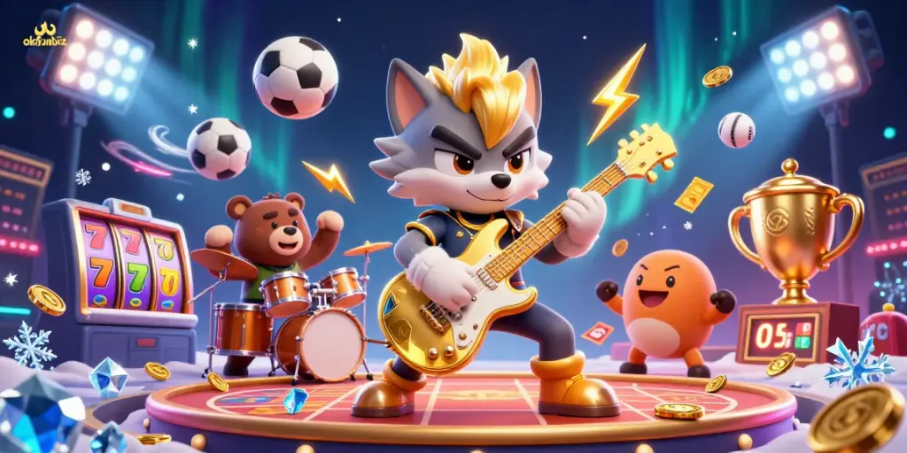 Experience the thrill of okfunbiz with a lively casino scene featuring rock star characters and dynamic sports elements.