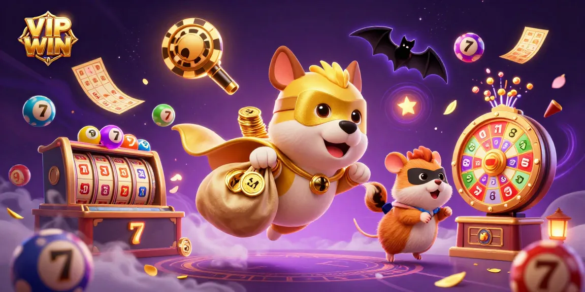 Engage with VIPWIN featuring a superhero dog and hamster in an animated casino scene.