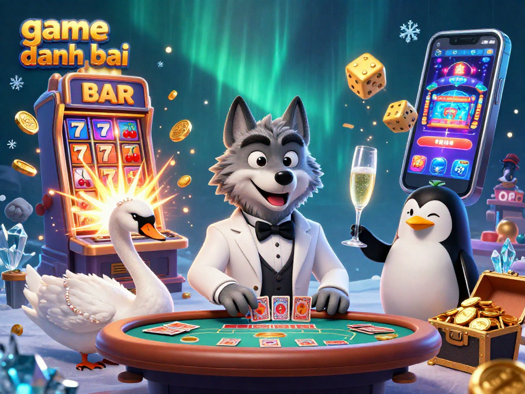 Experience excitement in game danh bai with a stylish wolf, elegant swan, and sophisticated penguin at a vibrant casino scene.