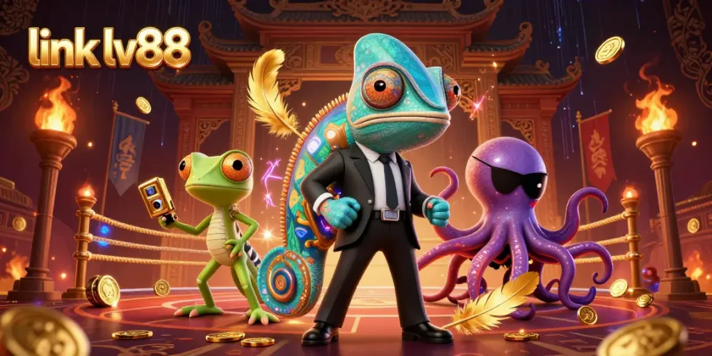 Engage with link lv88 in a vibrant betting arena featuring characters like a chameleon and gecko.