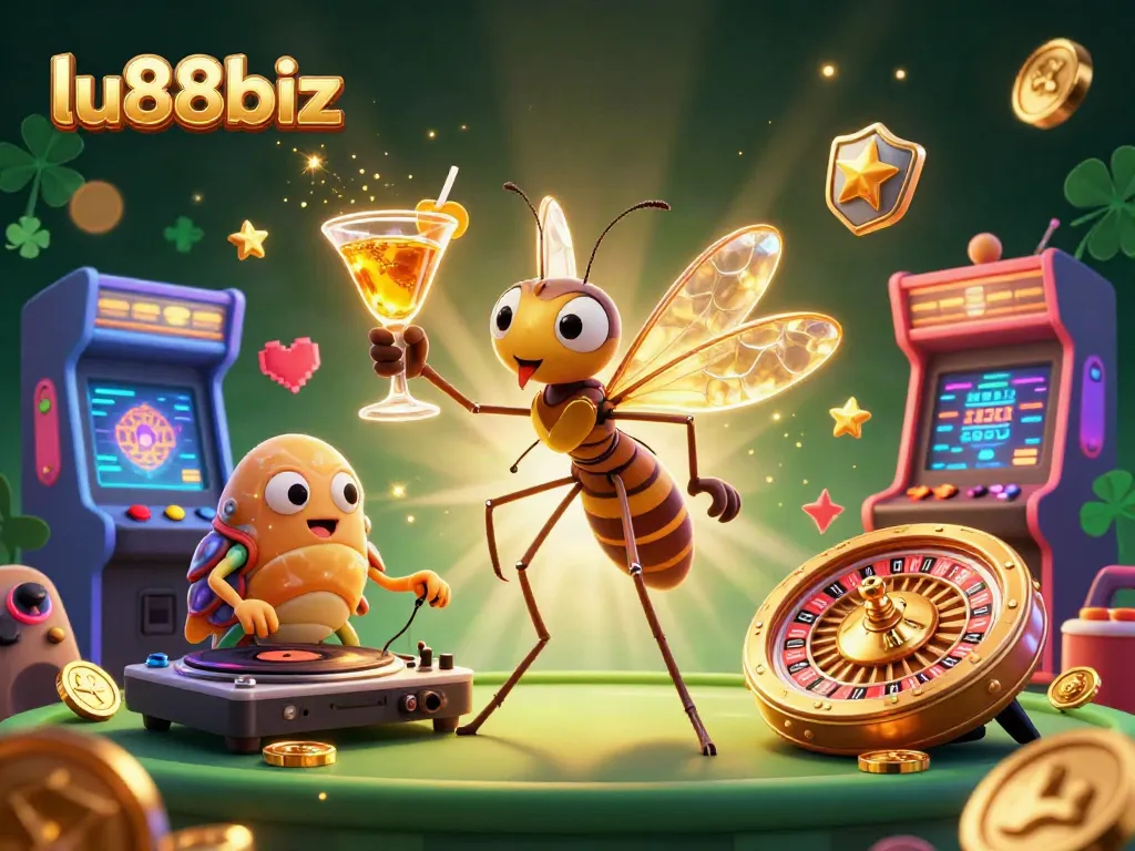 Experience the thrilling adventures of lu88biz as a frozen-in-amber mosquito mascot in a vibrant casino atmosphere.