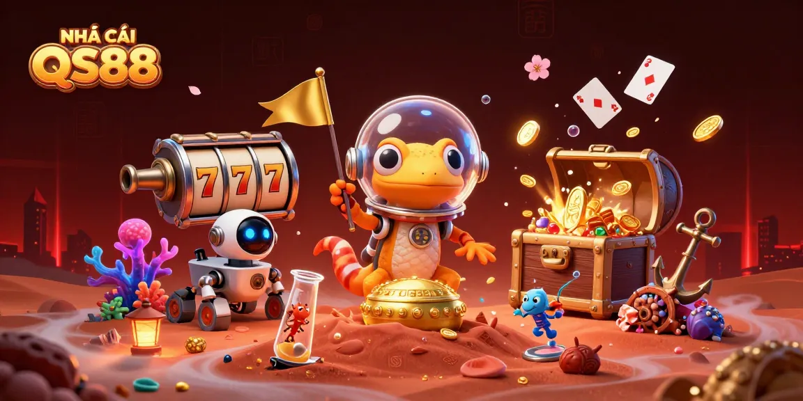 Engage with NHÀ CÁI QS88 in an exciting Martian casino scene filled with slot elements and dynamic treasures.