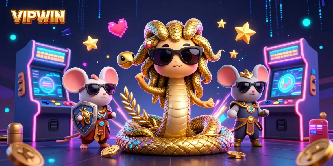 Win big at VIPWIN with Medusa and a warrior mouse in this vibrant casino game scene!