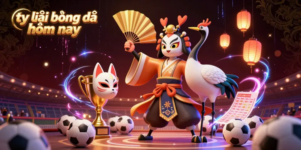 Bet on tỷ lệ bóng đá hôm nay with a dynamic illustration of kabuki warriors and sports betting elements.