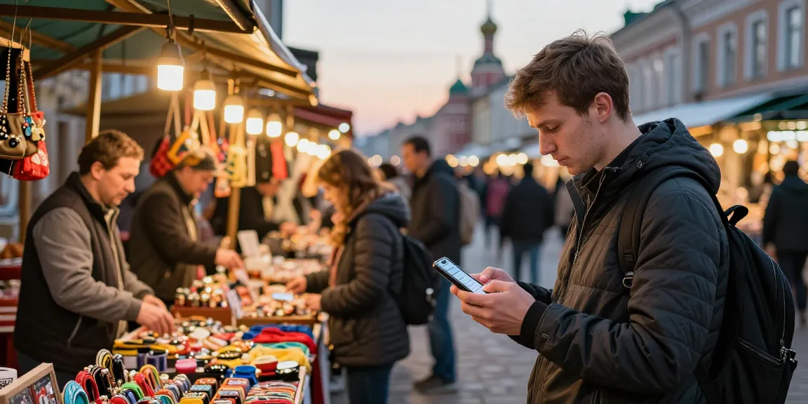 Betaling met de app op https://payinrussia.com/ door een toerist op een bruisende Russische markt, kleurrijke kraampjes op de achtergrond.
