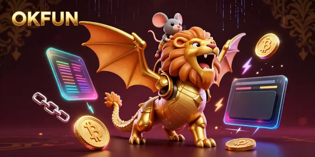 Engage in thrilling gaming with OKFUN, featuring a golden chimera and vibrant crypto elements.