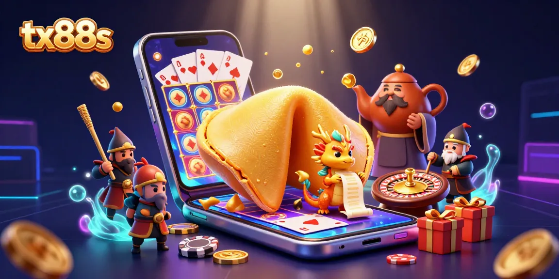 Experience tx88s with a vibrant 3D casino scene featuring golden fortune cookies and live game elements.