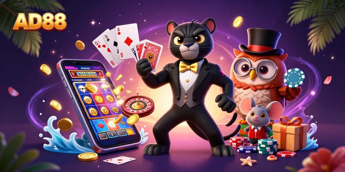 Experience thrilling gaming at AD88 with a stylish black panther dealer, cute owl, and lucky mouse.