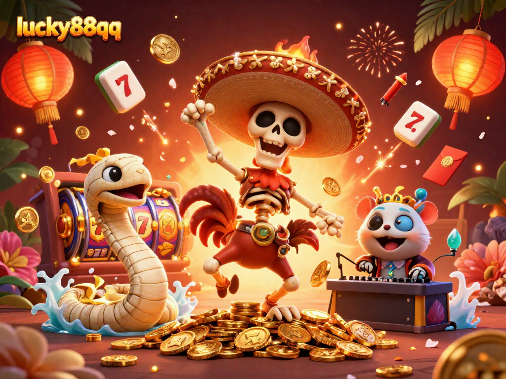 Engage in thrilling gameplay at lucky88qq with a vibrant illustration of a mariachi rooster and casino elements.