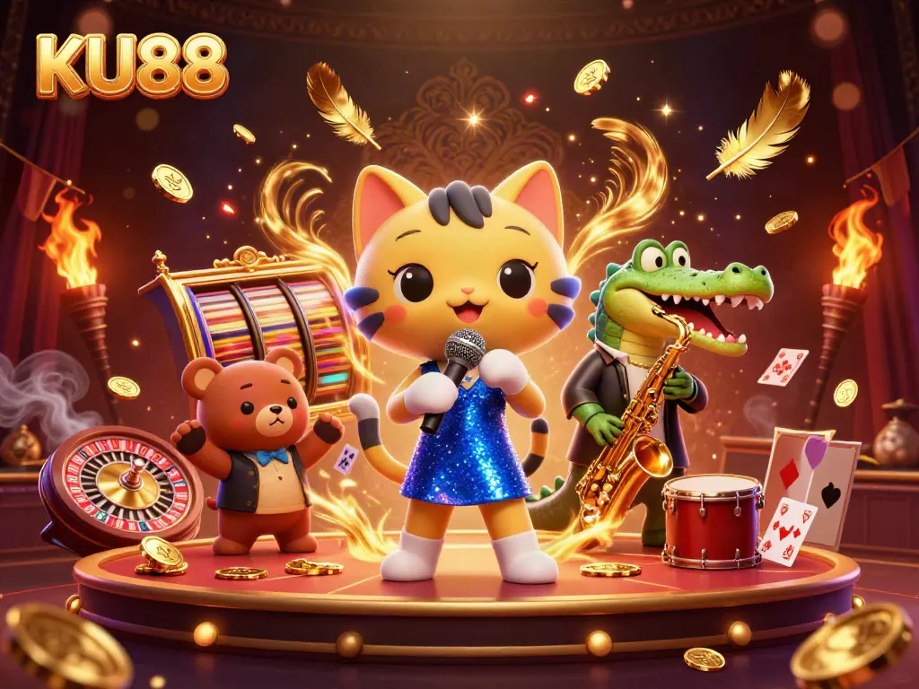 Engaging KU88 casino scene with a jazz-singer cat, saxophone crocodile, and drum-playing bear, celebrating gaming excitement.