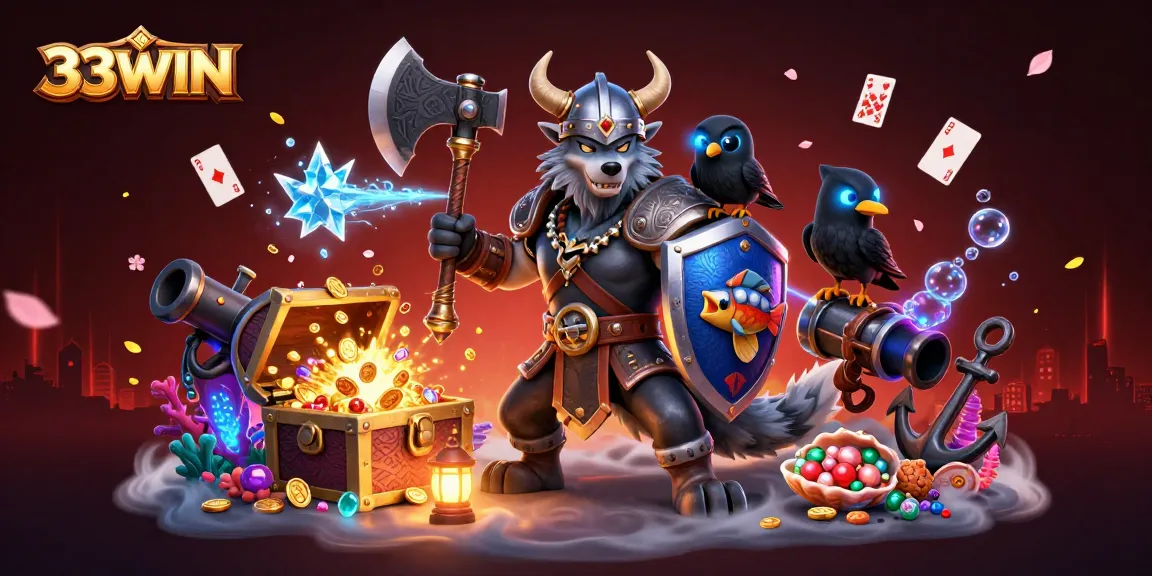 Engage in thrilling gaming with 33WIN's 3D Viking warrior and dragon amid sparkling treasures.