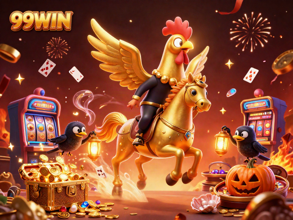 Experience thrilling moments at 99WIN with a golden rooster navigating a vibrant casino scene.