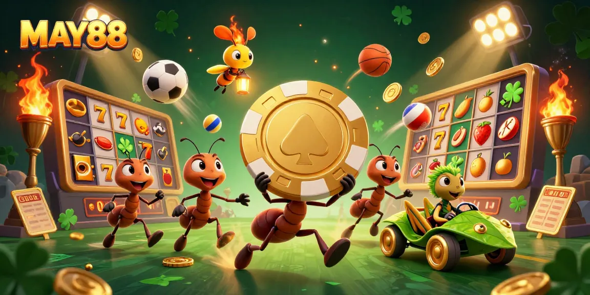 MAY88 showcases a colorful scene of ants carrying a giant poker chip, symbolizing exciting gambling adventures.