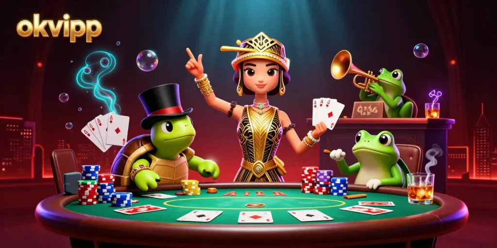 Experience exhilarating wins at okvipp with vibrant casino elements showcasing poker action and lively characters.