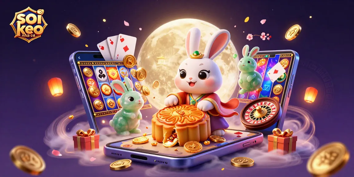 Engage in thrilling gameplay with "soi keo nha cai" featuring a cartoon moon rabbit amidst casino elements.