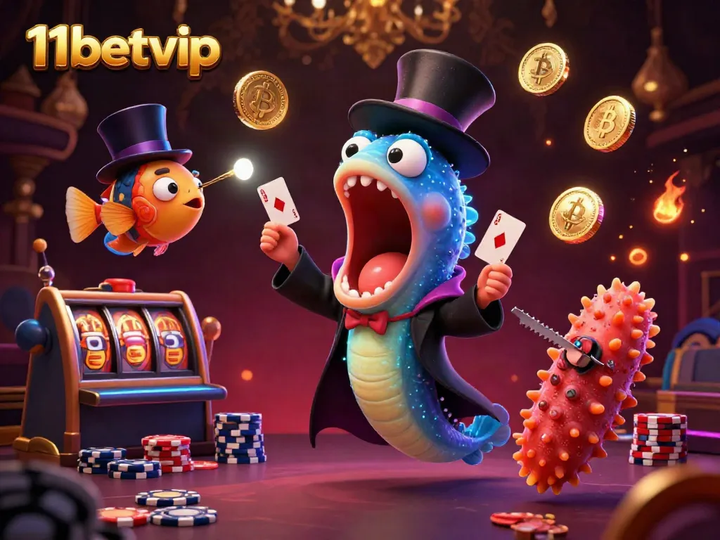 Engage with 11betvip's vibrant casino scene featuring aquatic characters performing tricks amidst neon crypto coins.