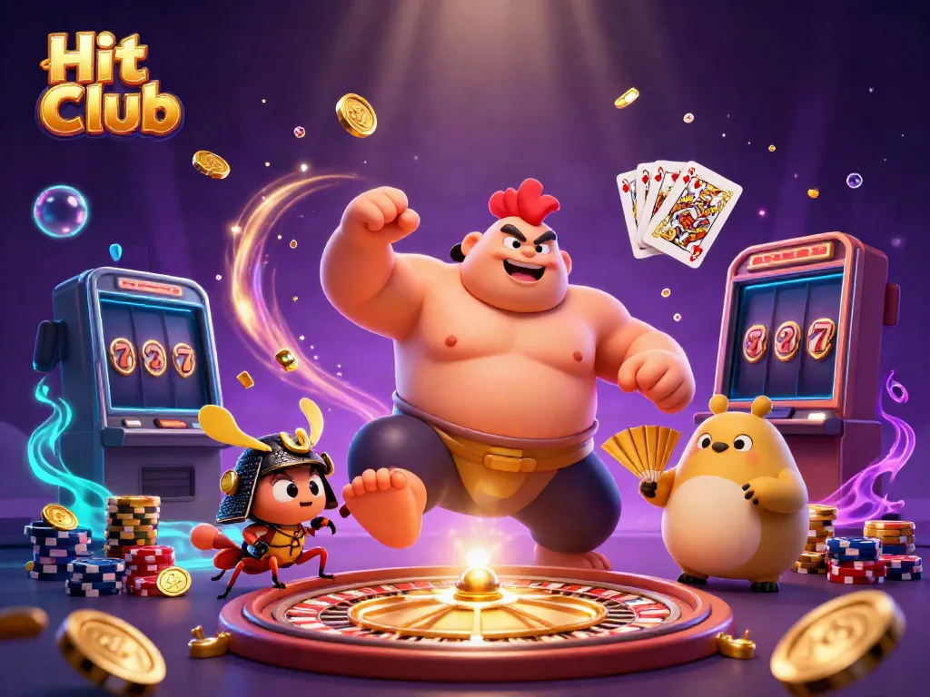 Hit Club engaging casino scene with a powerful rooster, samurai cricket, and tanuki announcer, dynamic and rich.