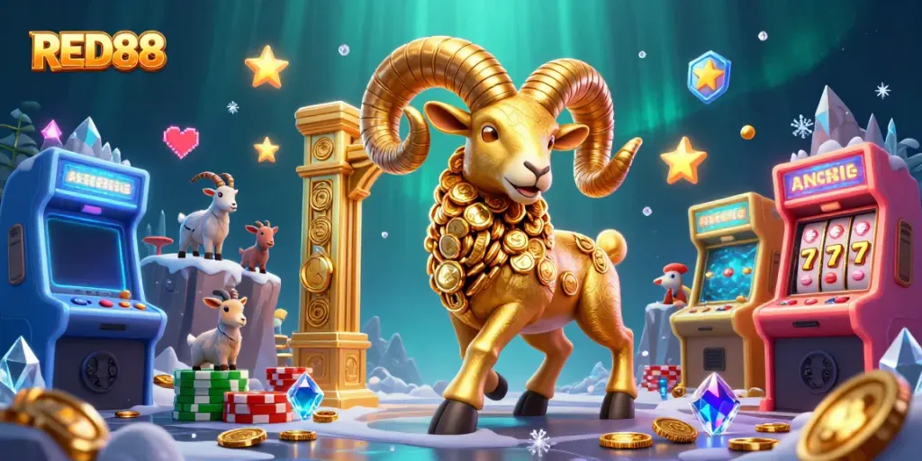 Experience thrilling gaming action at RED88 with a vibrant 3D illustrated scene of dynamic characters and casino elements.