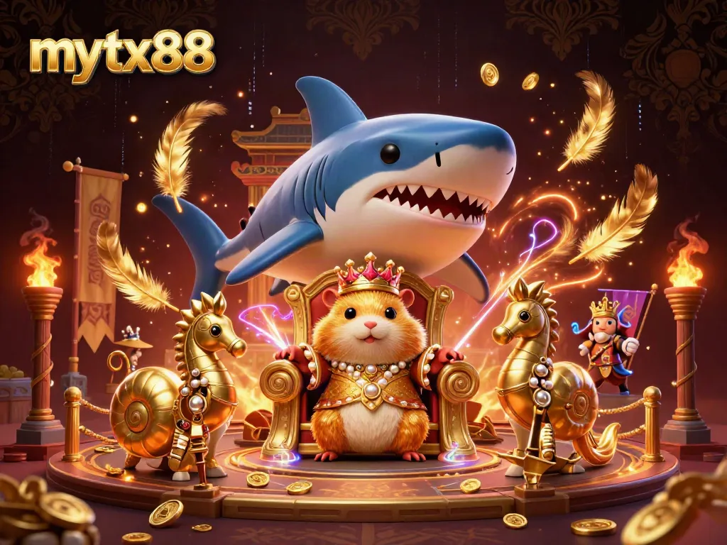 Engage with mytx88's vibrant cartoon scene featuring a hamster king and dynamic casino elements.