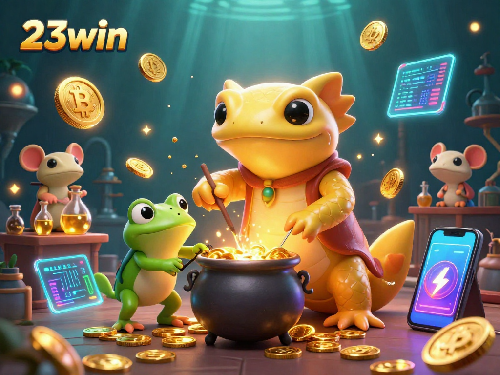 Engage with 23win's exciting 3D digital illustration blending casino magic and cryptocurrency, showcasing intriguing characters.