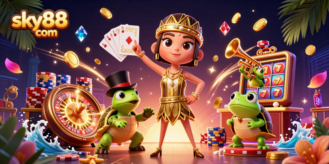 Engage in thrilling games at sky88 com, surrounded by enchanting casino elements and colorful characters.