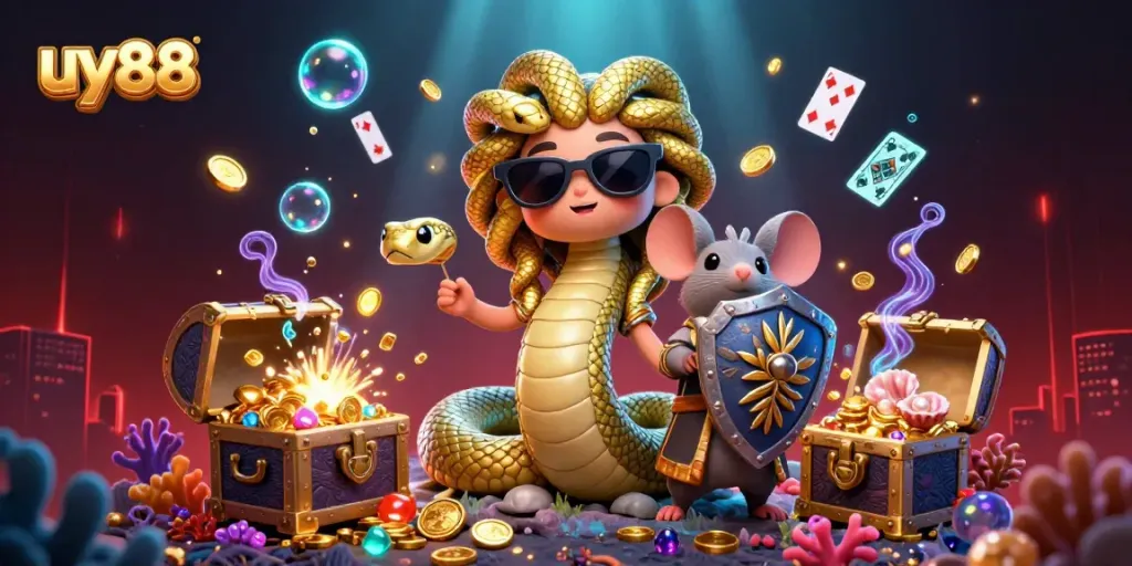 Win big at uy88 with a vibrant, dynamic casino scene featuring Medusa and a warrior mouse.