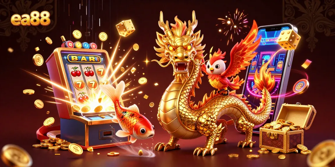 Experience thrilling gameplay with ea88 in a vibrant 3D illustration of a golden dragon, phoenix, and koi fish.