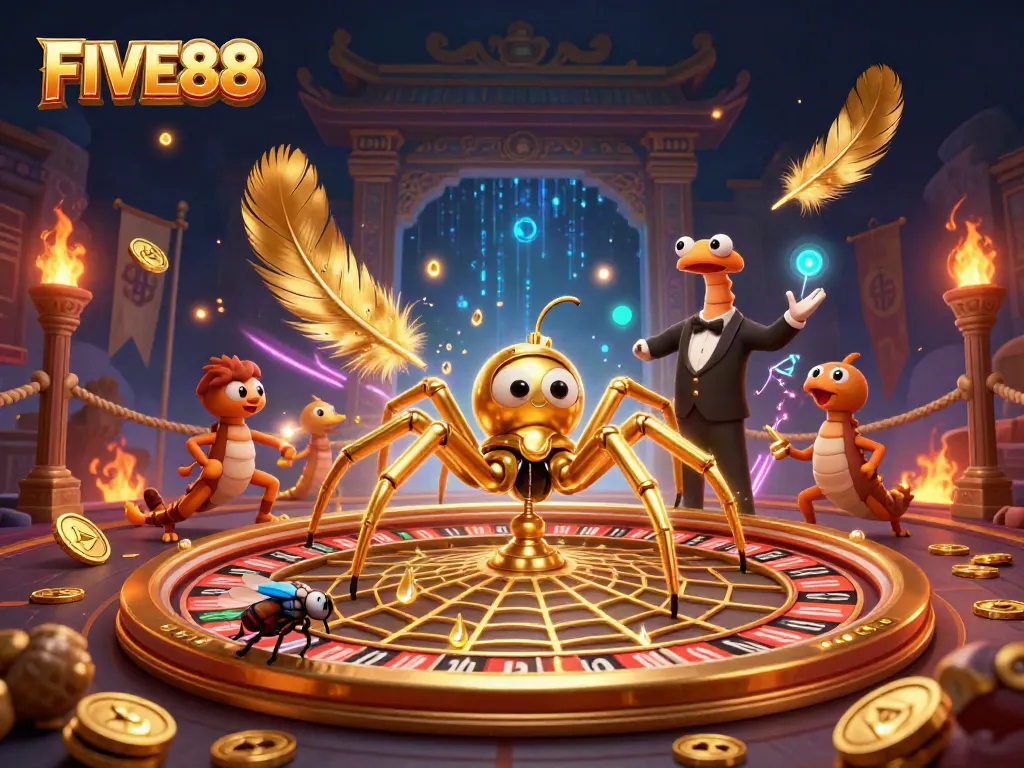 Engaging scene of a golden spider in the FIVE88 casino world, spinning a roulette web while a nervous fly bets.