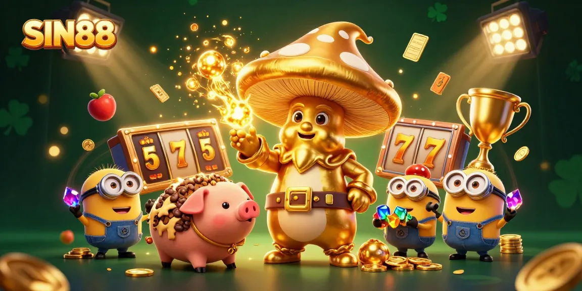 SIN88 showcases a golden mushroom wizard and gemstone minions amidst vibrant slot reels and coins.