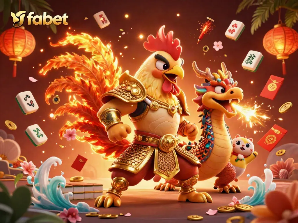 Experience fabet casino action with a fierce fighting rooster, dragon hatchling, and fortune cat amidst vibrant gaming elements.