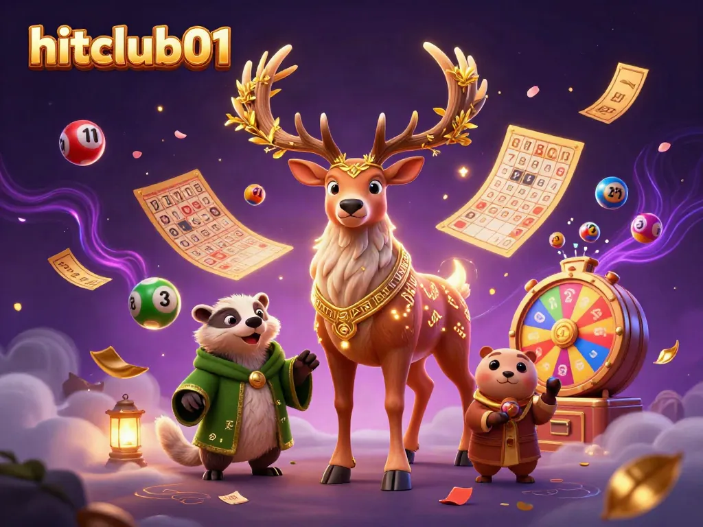 Experience thrilling wins at hitclub01, featuring vibrant lottery elements and mystical characters in a lively scene.