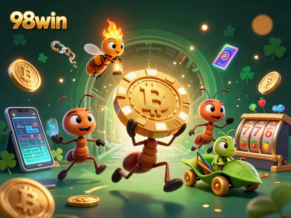 98win showcases a lively casino heist scene with cartoon ants, golden chips, and vibrant crypto elements.