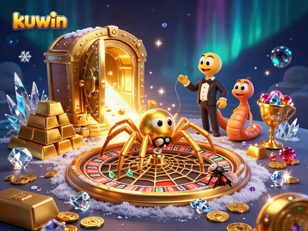 Kuwin bets are spinning on a roulette web, with gems and golden treasures everywhere.