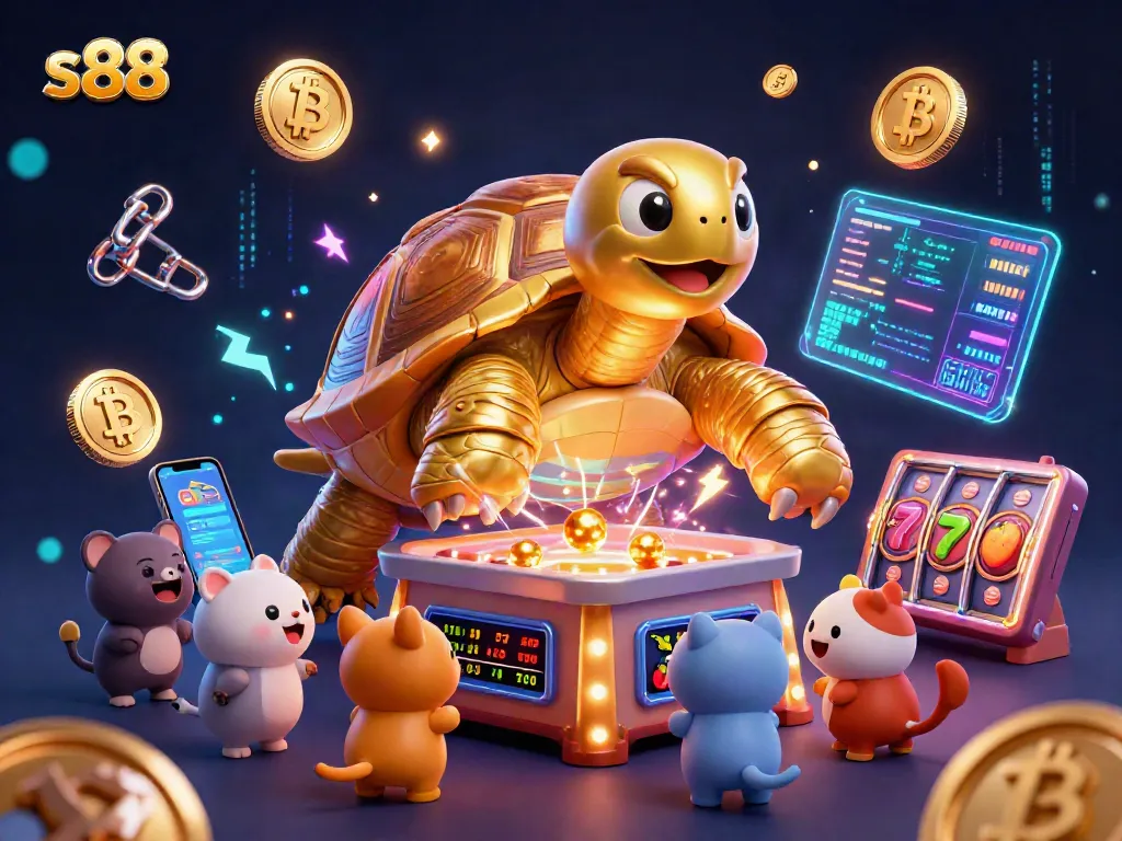 S88 showcases vibrant gaming energy with a golden tortoise pinball machine and cryptocurrency elements.