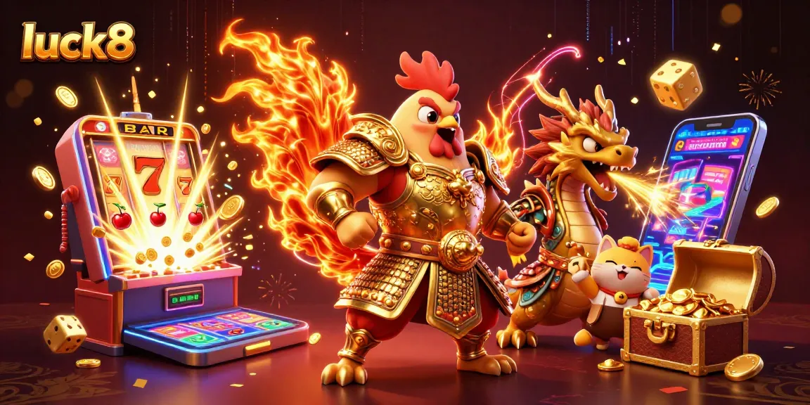 Experience luck8's thrilling games with a powerful rooster warrior and dragon in a vibrant casino scene.