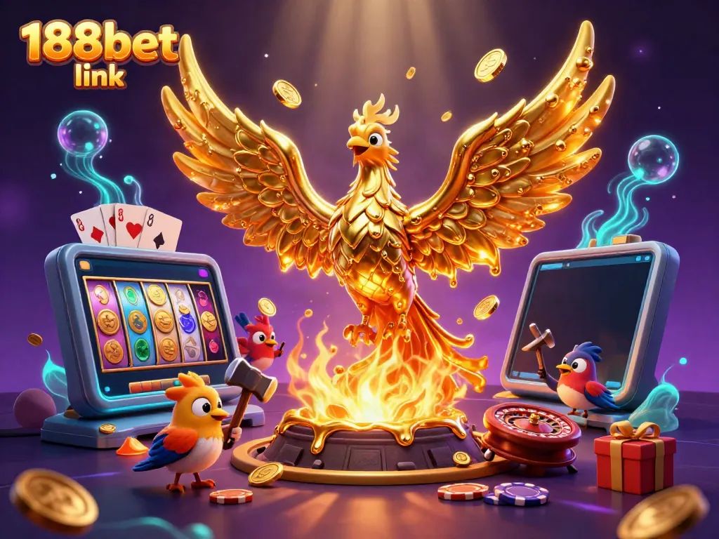 Experience the thrill of gaming with 188bet link showcasing a phoenix of gold amidst vibrant casino elements.