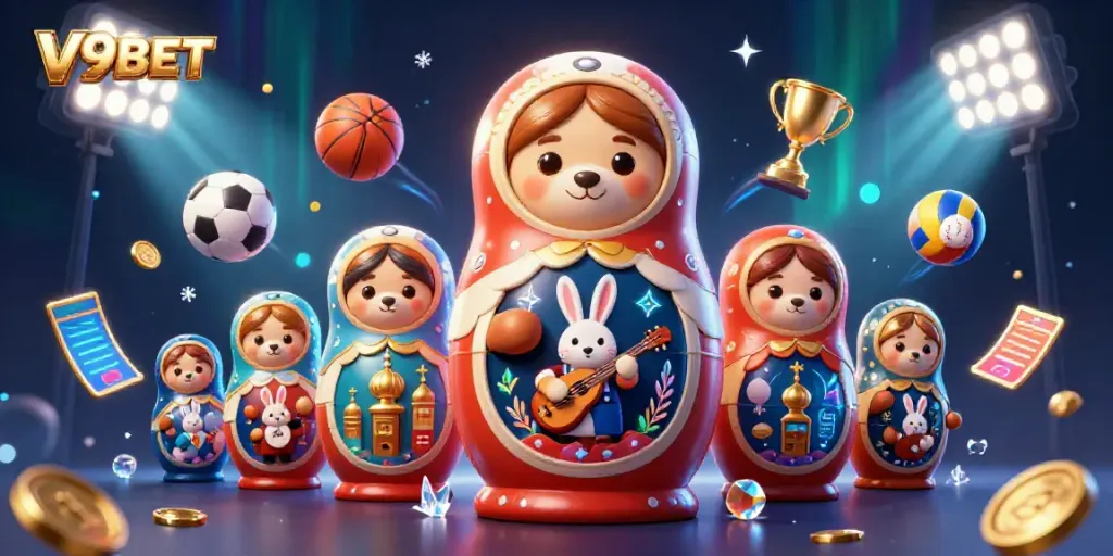 Experience thrilling plays with V9BET in a vibrant casino scene full of characters and games.