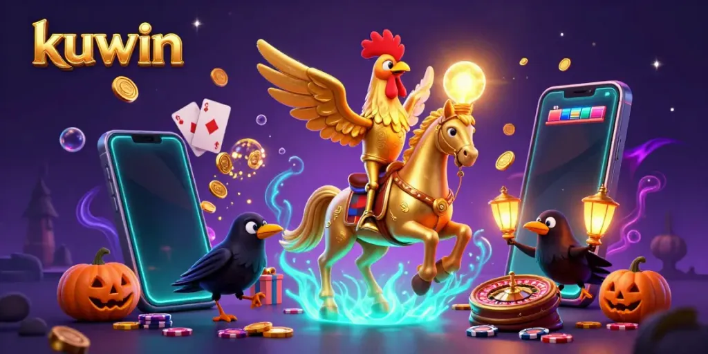 Kuwin's vibrant casino scene showcases a golden rooster in a dynamic gambling environment filled with games and excitement.