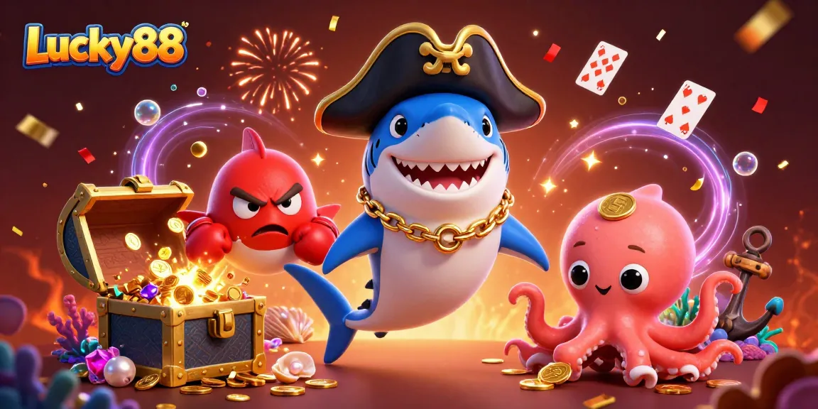 Engage with Lucky88 gameplay featuring pirate shark, pufferfish, and octopus amidst casino treasures.